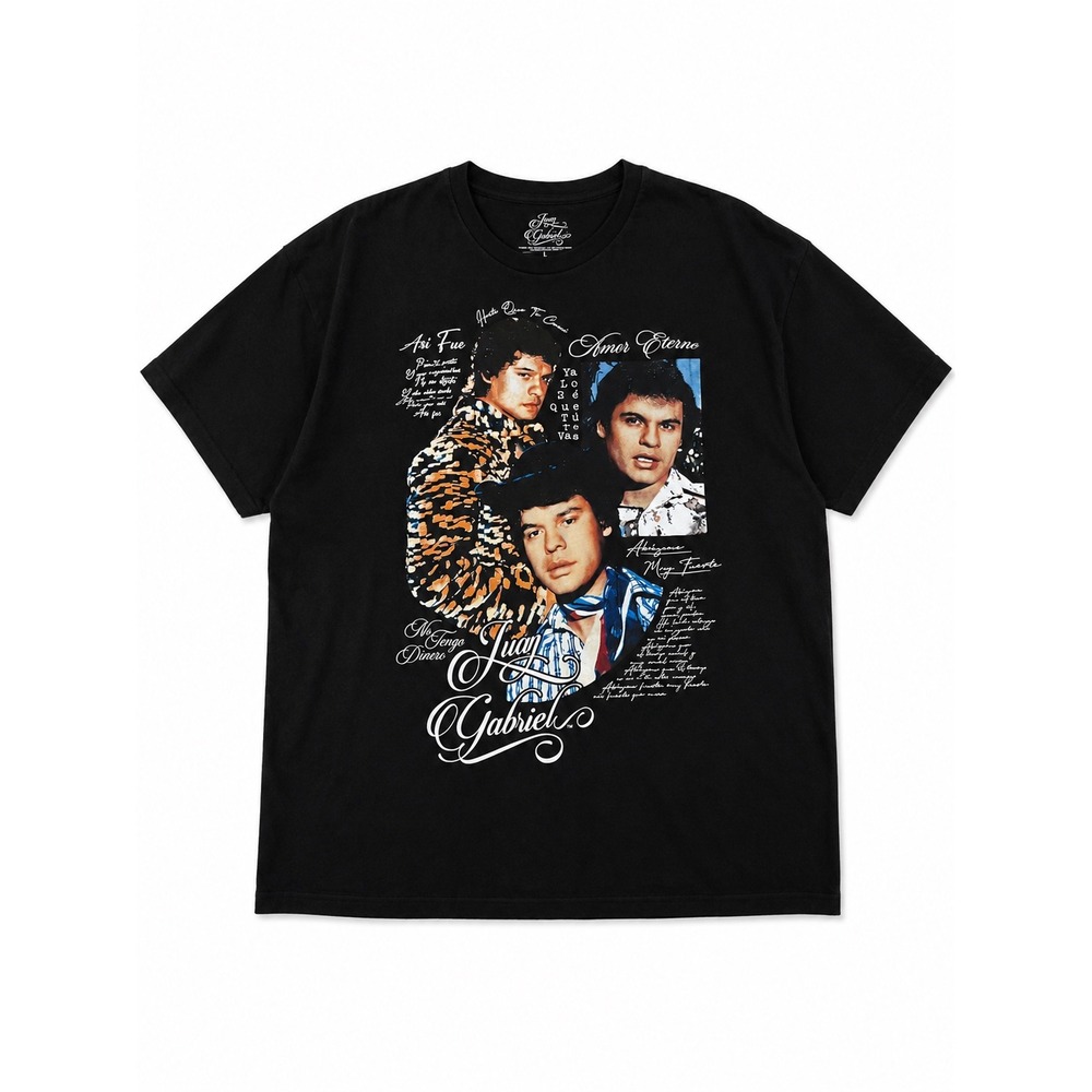Juan Gabriel Mens Black Graphic T-Shirt AmorEternoLyric Large Goodie Two Sleeves